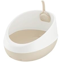 Richell PAW TRAX Rimmed Cat Litter Pan, high Shield cat Litter Box with Scoop, White