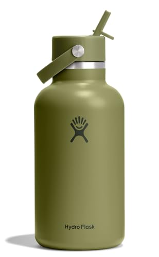 Image of Hydro Flask Water Bottle - Insulated Stainless Steel - Wide Mouth Flex Straw Lid, Non Spill, Leakproof and Refillable in 64 Oz Palmer Green