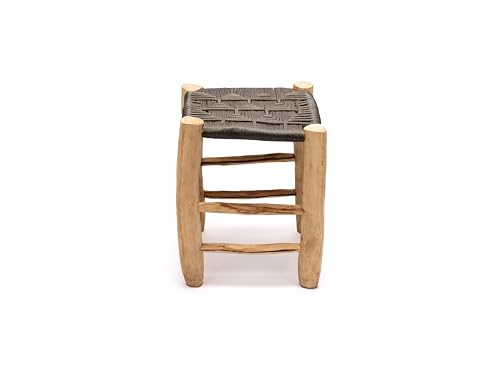 ZocoChic Taburete Artesanal Marroquí, Asiento Trenzado en Nailon Negro, Estructura de Madera Natural, 30x30x40cm