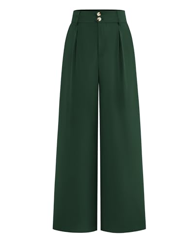 BTFBM Women Wide Leg Dress Pants 2026 High Waisted Button Pleated Business Casual Trousers Office Work Palazzo Pants(Dark Green, Large)