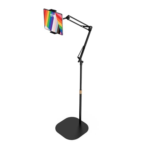 タブレット スタンド 床置き 伸縮式フロアスタンド iPad アーム 寝ながら 50-170CM高さ調整 角度調整 4.7-15.6インチ対応 折り畳み式 360度回転 土台強化 下垂防止 iPhone/iPad mini Air Pro対応