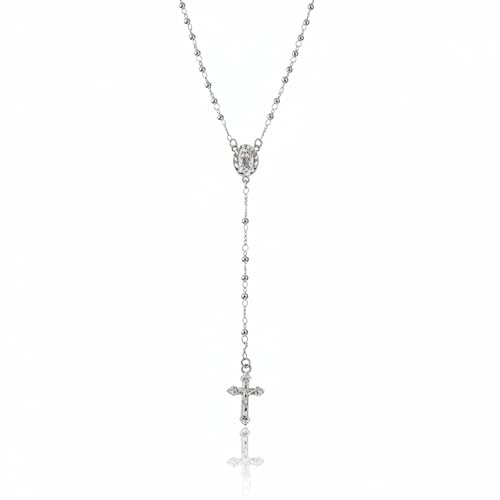 Nazareth Store 18K Silver Plated Rosary Necklace Our Lady of Guadalupe Medal & Crucifix 3 mm Catholic Prayer Beads Pendant Religious Jewelry Gift for Women & Men