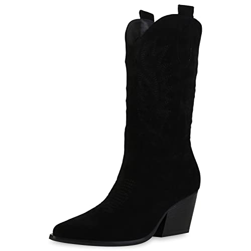 VAN HILL Damen Cowboystiefel Stiefel Cut-Outs Schuhe Spitze Stickereien...