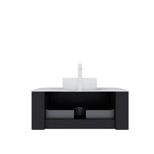 Image of KEIKI 36 inch Bathroom Vanity Cabinet with Sink Combo, Wall Mounted Curved Edges Striped Floating Bathroom Vanity with Soft-Close Drawer, White Round Ceramic Basin Without Faucet, Black