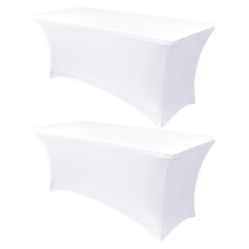 Image of Obstal 4Ft Stretch Spandex Table Cover for Standard Folding Tables - 2 Pack Universal Rectangular Fitted Tablecloth for Party, Banquet, Events, Trade Show (White, 48L x 24W x 30H Inches)