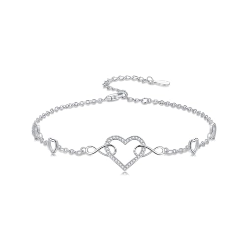 Tobillera de plata de ley 925 mujer, pulsera de tobillo ajustable con dije corazón infinito