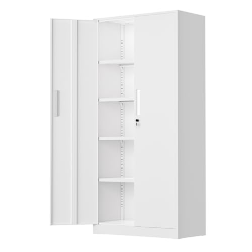 Bonusall Armario de almacenamiento de metal de 72 pulgadas, gabinete de acero resistente con 2 puertas de bloqueo y 4 estantes ajustables para el hogar, oficina u organización de talleres (blanco)