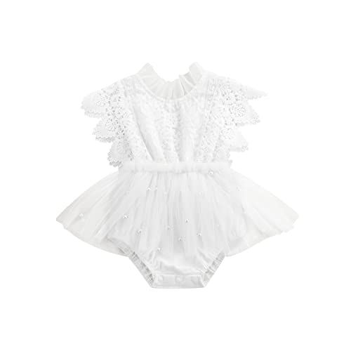 Image of Newborn Infant Baby Girl Lace Ruffle Sleeve Romper Dress Sleeveless Jumpsuit Tutu SkirtPrincess Outfit (White, 0-6 Months)