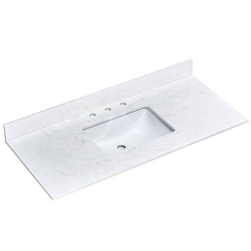LOCALAND 48 in.W x 22 in.D Bathroom Vanity Sink Top, White Engineered Stone Bathroom Vanity Top with Undermount Middle Sink, Vanity Countertop with Pre-Drilled 3 Faucet Holes and Backsplash - Thumbnail 2