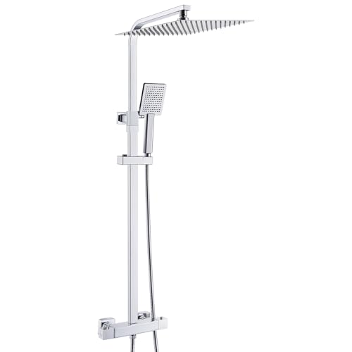 Auralum Colonne de Douche Chromé Thermostatique avec Mitigeur en Laiton, Ciel de Douche 30x30cm, Pompe à Main Carrée, Réglable en Hauteur - Kit Complet Salle de Bain