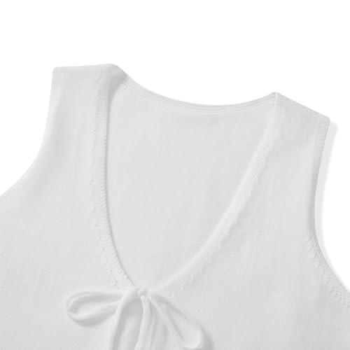 Image of Women Knit Vest Top Tie Front Tank Top V Neck Sleeveless Crochet Top Vintage Summer Going Out Streetwear(White,M), Medium