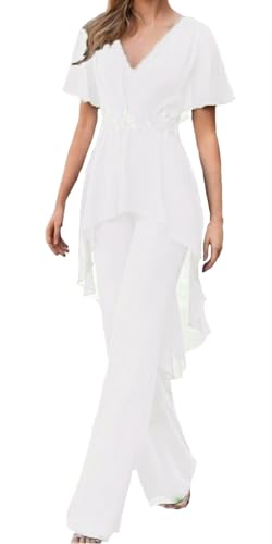 Chiffon Lace Short Sleeve for Applique Sexy V-Neck Mother of the Bride Dress with High-waisted Pant for Women Jumpsuit