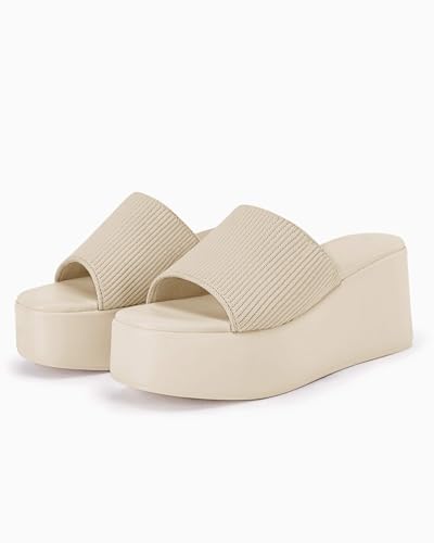 Image of Coutgo Womens Platform Slides Sandals Square Open Toe Slip On Elastic Band Casual Lightweight Wedge Shoes
