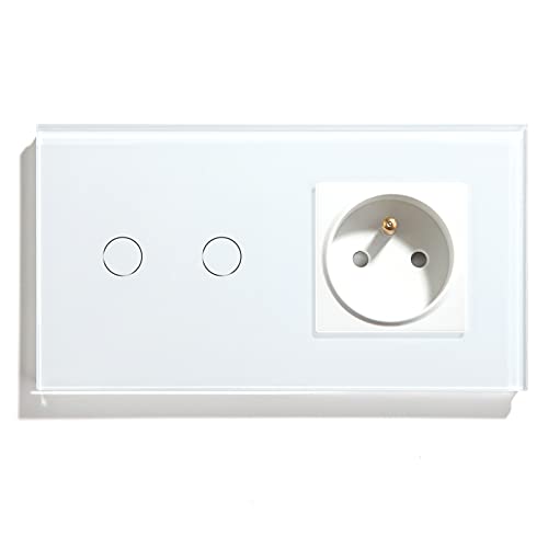 BSEED Prise Murale (Non-WIFI) avec Interrupteur Tactile(WIFI) 2 Gang 1 Voie, Interrupteur Connecté Alexa, Beau et élégant, Panneaux de Verre Résistants au feu et Imperméables, Blanc
