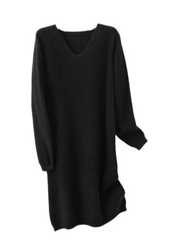 Dvbfufv Women's Merino Wool Sweater Dress Women Winter Thicken Long Jumper Female V-Neck Knee Length Knitted Dresses