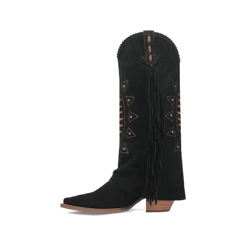 UniqueStride Women Fold Over Fringe Western Boots Tassels Suede Chunky Heel Cowboy Cowgirl Studded Stitching Snip Toe Boots3