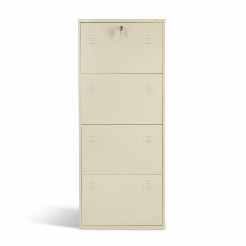 Image of 4 Door Wall Mounted Metal Shoe Rack Cabinet with Lock | Space Saving Shoe Storage Cabinet | Dustproof & Ventilated Shoe Organizer for Home, Entryway, Bedroom & Balcony | Ivory | 52 x 21 x 6 Inch