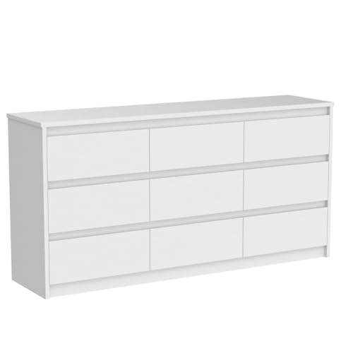 Hitow 9 Drawer Dresser for Bedroom with Deep Drawers, Large Floor Wood Dressers & Chest of Drawers Handle Free, Modern White Long Dressers for Closet Living Room (63\" W x 15.7\" D x 31.5\" H)