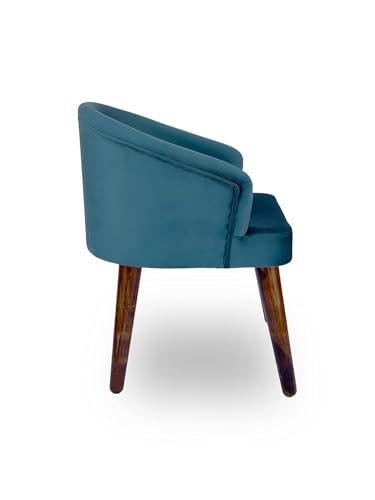 Image of CRAFT D ARTS Wooden Upholstered Dining Chair | Single Accent Chair for Living /Drawing Room, Bedroom & Office | Upholstery Barrel Arm Chairs with Velvet Fabric | Sheesham Wood Legs, Blue