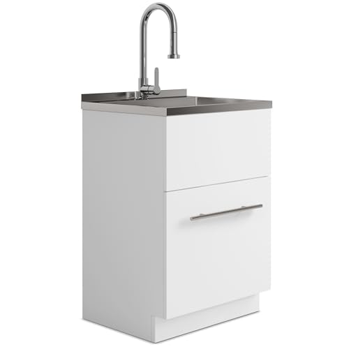 Image of SIMPLIHOME Metro 24 inch Wide Stainless Steel Sink Laundry Cabinet in White