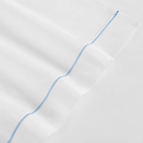 Image of Tommy Hilfiger - Sheet Set, Cotton Percale Bedding with Matching Pillowcases, Crisp & Cool, Solid Design with Hem Stripe (White /Blue, Queen)