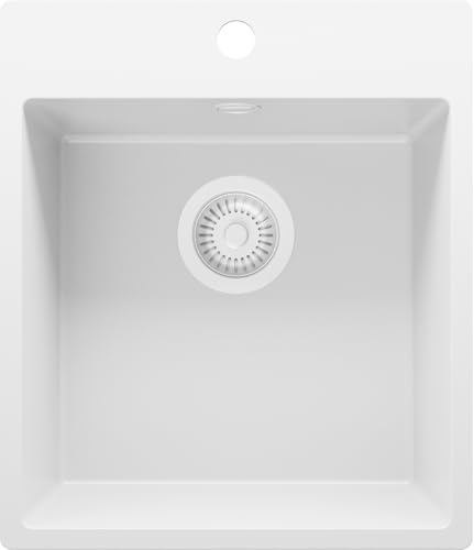 PRIMAGRAN Lavello da Cucina Tutto Bianco 43x50cm, Lavandino in Granito a 1 vasca + Sifone Classico, Lavabo Incasso al mobile 45cm - Riga S077