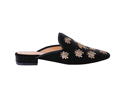 Image of Fericzot Women's Velvet Backless Pointed Toe Slip On Loafers Flats Embroidery Mule Slippers Shoes