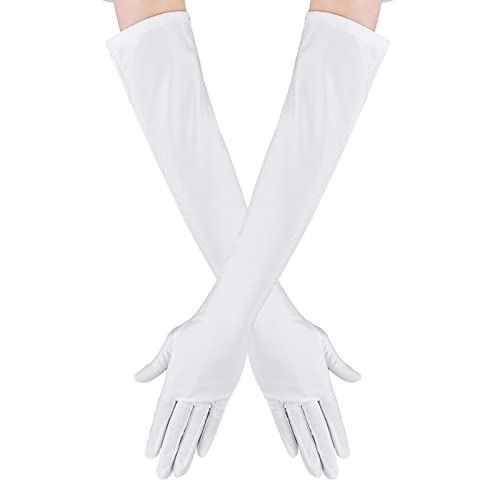 Gants longs en Satin pour Femmes Opéra Gants de Danse Long Satin Finger Gloves de Mariée Gants Extensibles Blancs Taille Adulte Longueur Totale 21,5' Halloween
