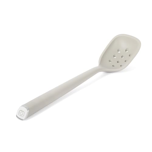 Image of Calphalon Edge Silicone Slotted Spoon /Skimmer, Flexible Heat-Resistant Kitchen Strainer Spoon for Cooking, Frying, Skimming, Draining & Serving, Taupe
