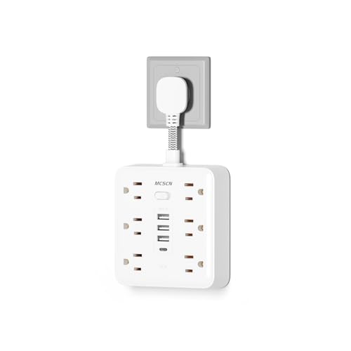 MCSCN Portable Slim Flat Plug Surge Overload Protector Power Strip Wall Outlet with 6 AC Power Outlets 4 USB(1C) for Home Office Dorm Travel Essentials Fire and Reach 100-125V 15A 1875W UL