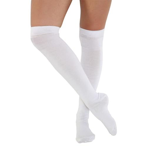 FNA FASHIONS® Over the Knee Socks – Thigh High Cotton Socks | Long, Soft & Stretchy Boot Socks for Women & Girls | Plain & Striped Knee High Stockings (Plain White)