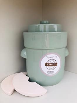 MS-Steinzeug Gärtopf 15 Liter Pastellgrün mit Deckel + Beschwerungssteine - Sauerkrauttopf zum Fermentieren und Konservieren - Ideal für Vegetarier und Veganer - Inkl. Rezepte