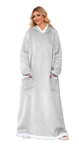 Manta cómoda y fría con capucha para dormir, sudadera para mujer, hombre, gruesa, Navidad, a cuadros, franela regalos de invierno, Gris,claro, 150 cm