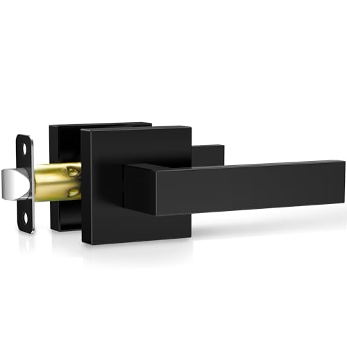 Plustool 1 Pack Matte Black Door Handles Passage Door Levers for Hallway & Closet Interior Keyless Door Knobs Heavy Duty Square Non-Locking Handlesets Reversible for Left & Right Sided Doors