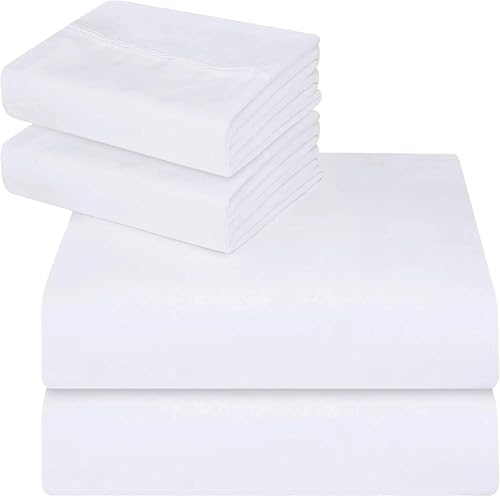 Image of Utopia Bedding 4-Piece Bed Sheet Set 160 x 200 cm, White - Polyester Microfibre, Oeko-Tex Certified, 1 Fitted Sheet 160 x 200 cm, 1 Flat Sheet 266 x 259 cm and 2 Pillowcases 50 x 75 cm