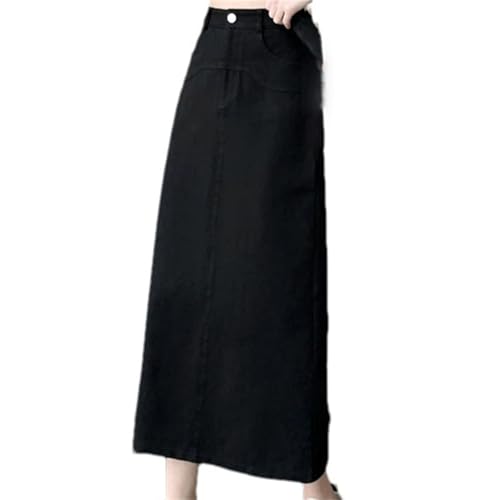 Women's A-Line Denim Midi Skirts - Washed Solid Color, High Waist, Back Split, Wrapped for Summer Wear