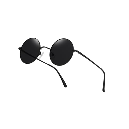 tanmigot Retro Round Sunglasses for Men Women Polarized UV400 Protection Sunglasses Vintage Hippie Circle Sun Glasses for Daily Outfits Driving Beach Travel Black Frame Black Lenses