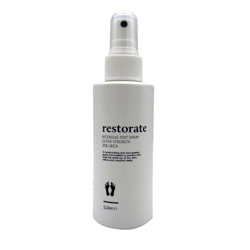 Restorate Intensives Fußspray, 113 ml, No-Touch und nicht fettende Anwendung, von Podologen entworfene, luxuriöse Reparatur für rissige Ferse und Hornhaut, enthält 25 % Urea, Vit B5 und Aloe Vera