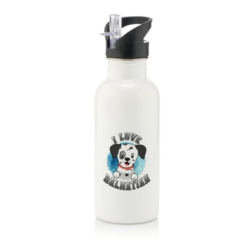Giftme I Love Dalmatian, Dog Lover Gift, Animal Lover Gift, Stainless Steel 600ml Water Bottle with Straw. (White)