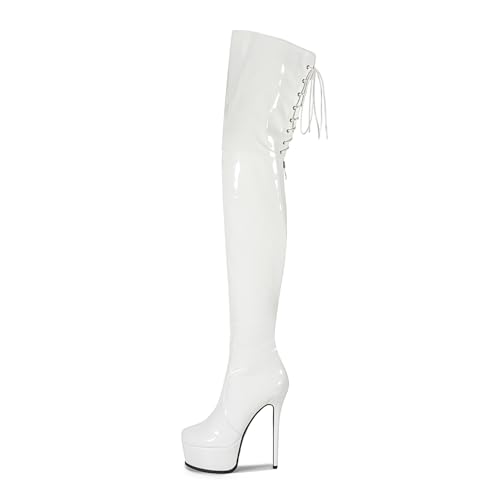 Image of Shiny leather Thigh high boots for Women Stiletto heel Platform Over the knee Round toe back zipper Sexy Front Strappy high heel Cosplay Custume unisex boots