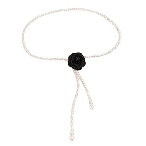 Flower Waist Chains Women Camellia Waist Belt For Dress Pearl Waist Chain Belt Belly Chain For Jeans Sash Belt, Approx.125cm/49.21in, Black