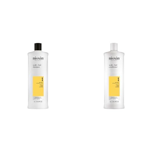 Nioxin Pack - Sistema 1 - Champú Fortalecedor (1 L) + Acondicionador Fortalecedor (1 L) - Cabello Natural con Debilitamiento Leve - Con Biotina y Niacinamida