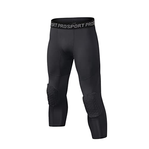 Youth Basketball Pants with Knee Pads, 3/4 Capri Compression Pants for Boys 4-16 yrs