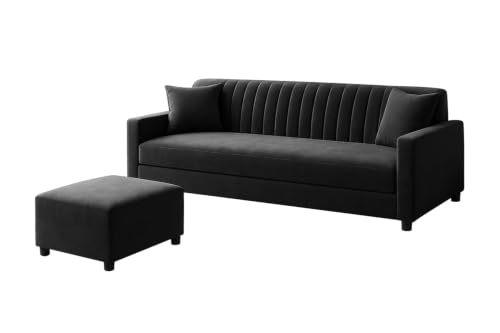 Image of Deco Studio Three-Seater Wooden Sofa Set with Ottoman,Velvet Fabric, Comfortable Couch for Living Room, Office & Apartment-Black