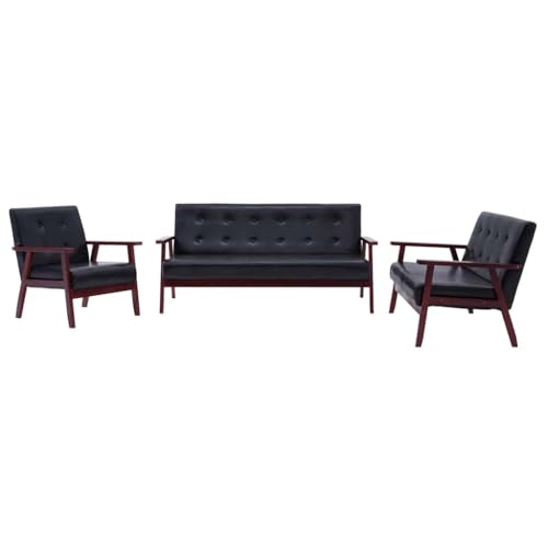 pokgdf Canapé design rétro en cuir synthétique 3 pièces - Noir - En cuir synthétique durable et facile d'entretien - Canapé confortable avec coussin...