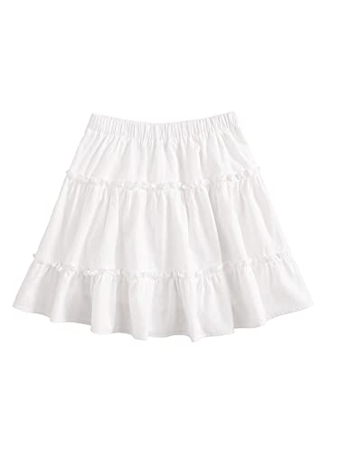 Milumia Women High Elastic Waist A Line Short Skirt Frill Trim Flared Tiered Skirt White Large