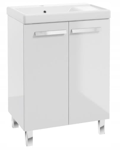 .Deftrans Szafka pod umywalkę z ceramiczną umywalką i chromowaną armaturą – 80 x 60 cm, biała, wysoki połysk, z ociekaczem, system Soft-Close, odpływ Click-Clack i syfon