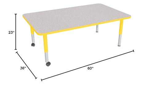 Image of Sprogs Adjustable Height Mobile Classroom Activity Table for Preschools, Rectangle Preschool Activity Table with Casters, 36 inchD x 60 inchW x 23 inchH, Gray /Yellow