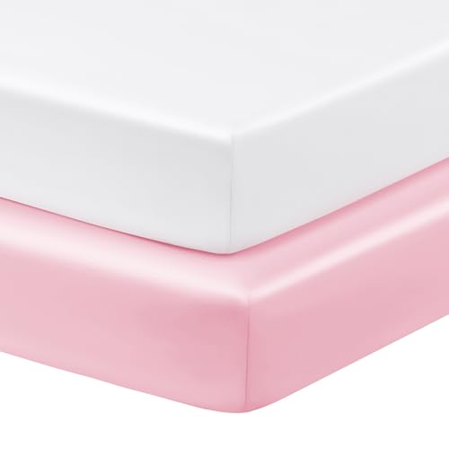 Image of Horbaunal 2 Pack Satin Crib Sheets for Baby, 52" x 28" x 8" Silky Fitted Crib Sheets, Soft Toddler Sheet Baby Mattress Sheet, Blush Pink & White