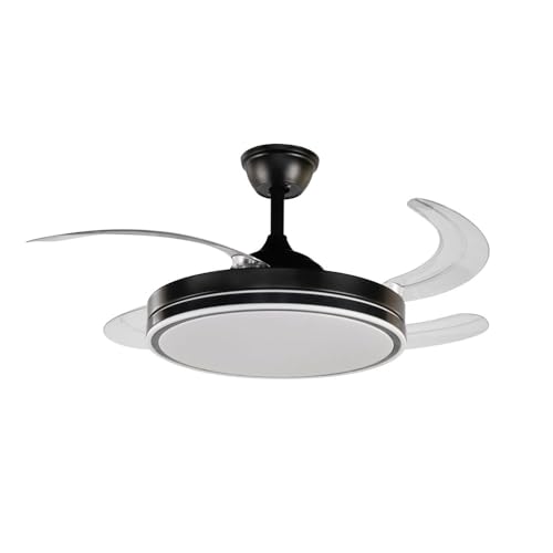 VENTILADOR APP MOVIL FACIL MONTAJE EN TECHO DC LED ATENUABLE RETRACTIL 4 ASPAS - Opción Sin Pitido, Temporizador, Control Invierno Verano, 3 Tonos, Modo Brisa, Bajo consumo (Negro, 107D)